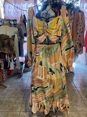 Abstract Watercolor  Maxi dress Peach & Sage